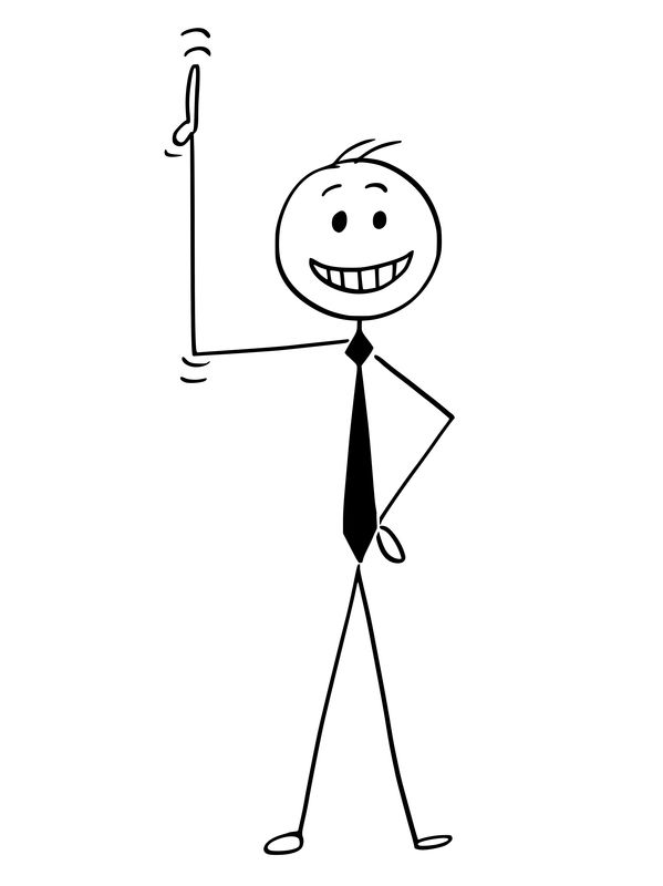 Cartoon stick man drawing conceptual illustration of smiling businessman pointing his hand or thumb up.